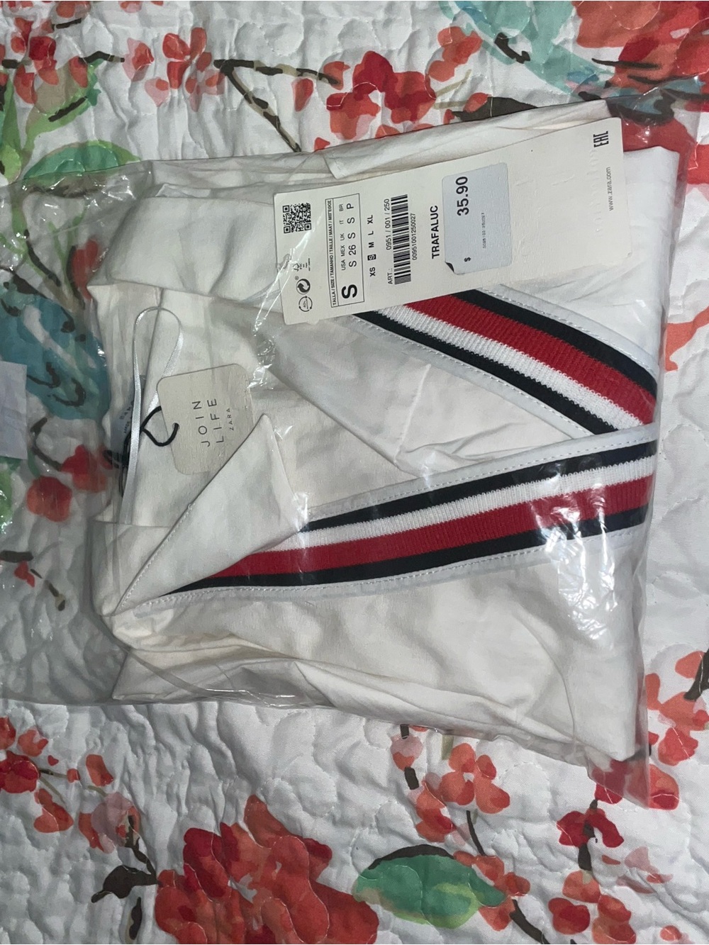 Zara White Polo with Red & Navy Stripe Trim
